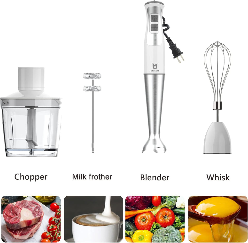 UTALENT Immersion Hand Blender - 5-in-1 8-Speed with 500ml Grinder & 600ml Container - White