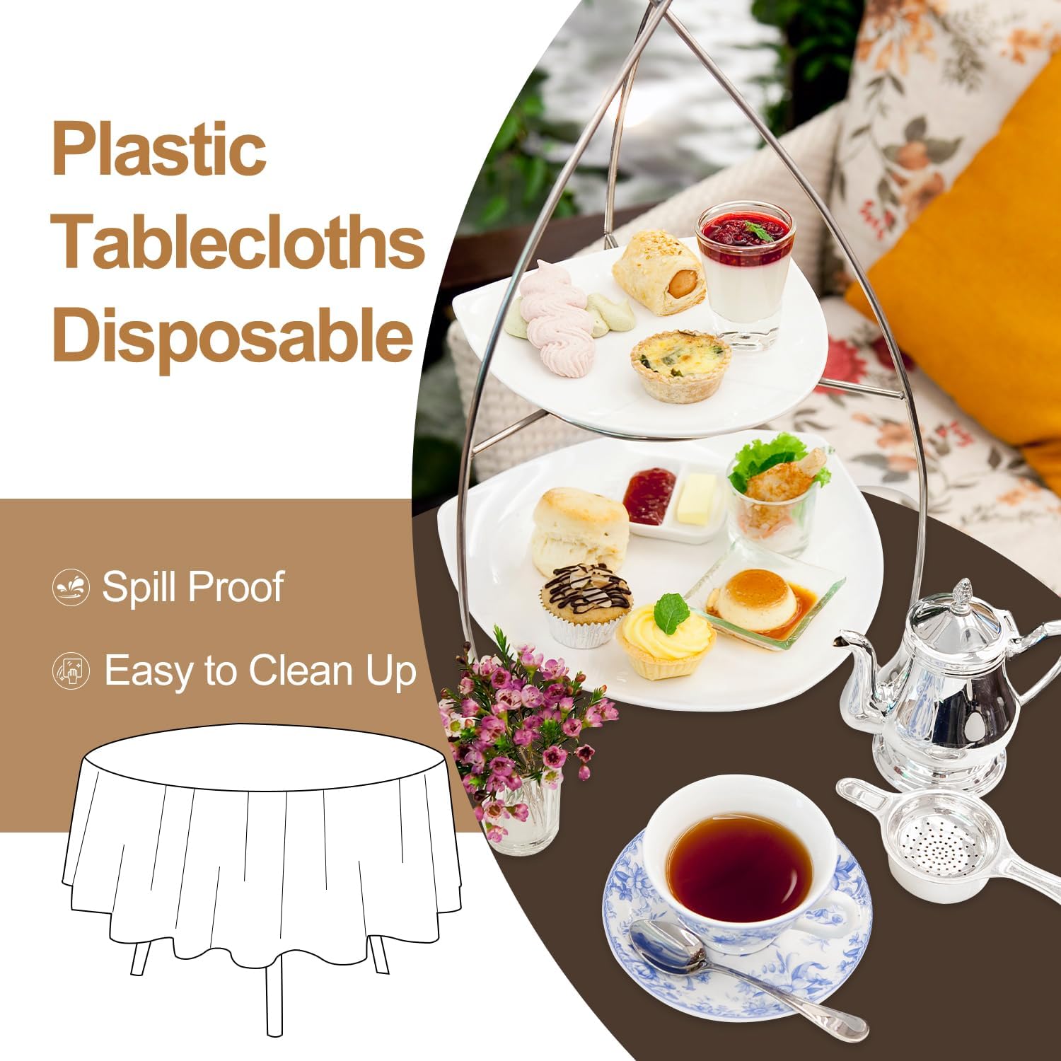 Regine Switzerland 16-Pack Disposable Brown Plastic Tablecloths - 84 Inch Round Party Covers