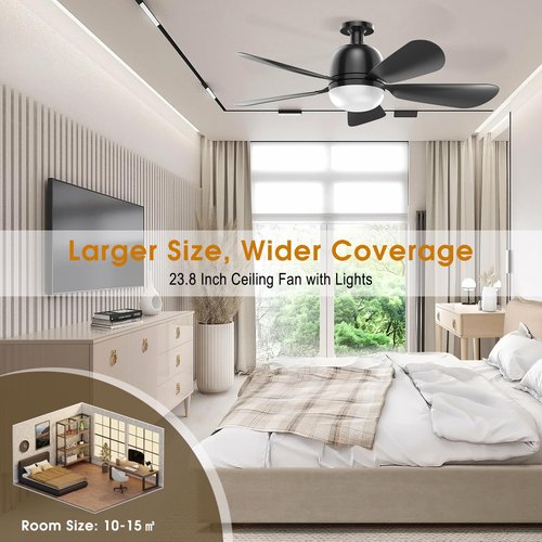 LC-dolida 23.8'' Socket Fan Lights with Remote Control, 3-Color Dimmable LED, 4 Speeds, E26/E27 Bulb Compatible, 2000 Lumens, Ceiling Fans with Lights for Bedroom, Dining Room, Home, Black