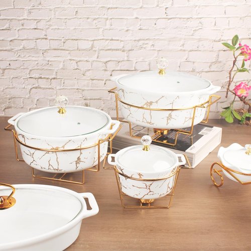 jinsongdafa 9-inch Ceramic Casserole with Glass Lid and Gold Rack, 2.6-Quart Stockpot, Buffet Hot Pot, Family Food Warming Tray, Party Catering Casserole