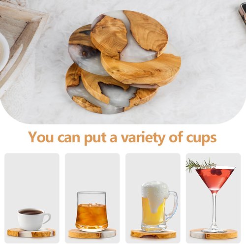 Drink Coaster Set, Wooden Absorbent Coasters, Epoxy Resin Coaster for Coffee Table, Tabletop Protection Decor, Set of 5 with Holder