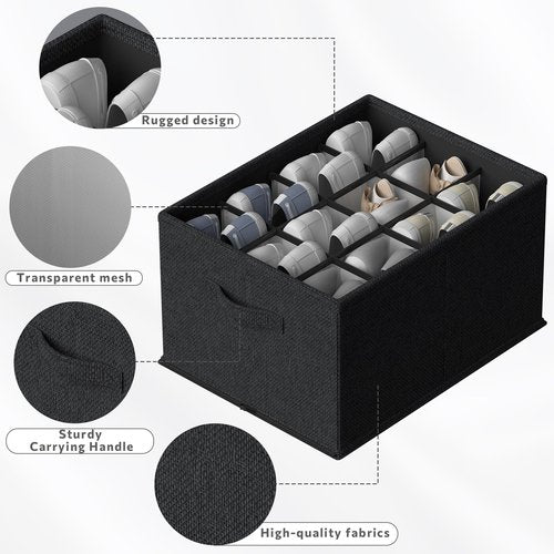 FHSQX 4 Pack Shoe Organizer for Closet,Foldable Shoe Organizer,Fits up to 48 Pairs,Storage Containers With Bottom Support for Shoes (Black, (16.5 * 12.6 * 9.5) x4)