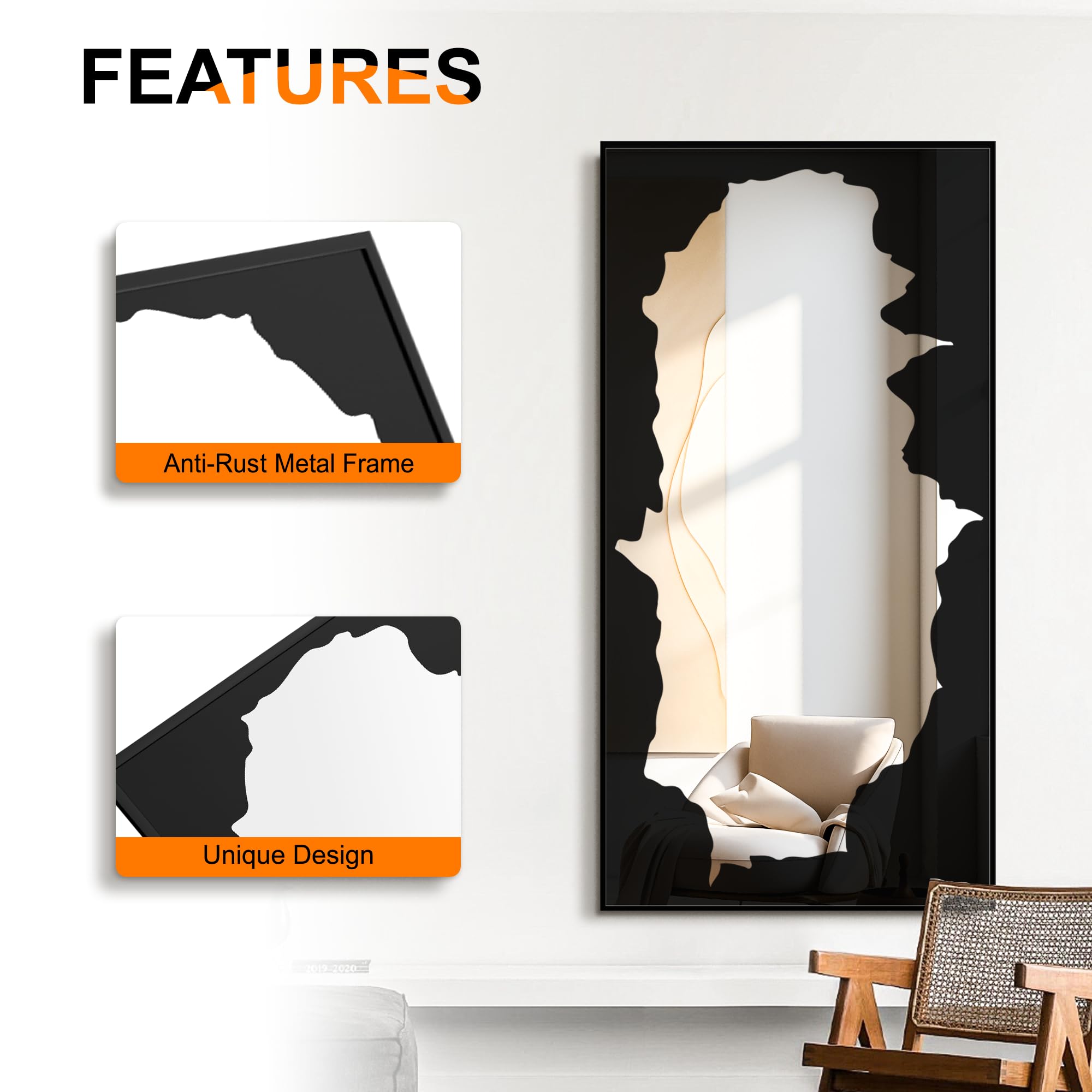 Bathroom Mirror with Black Artistic Decorative Design, Framed Rectangle Wall Mirror, 24"x36" Modern Hanging Mirror for Bathroom, Bedroom, Cloak Room, and Hallway