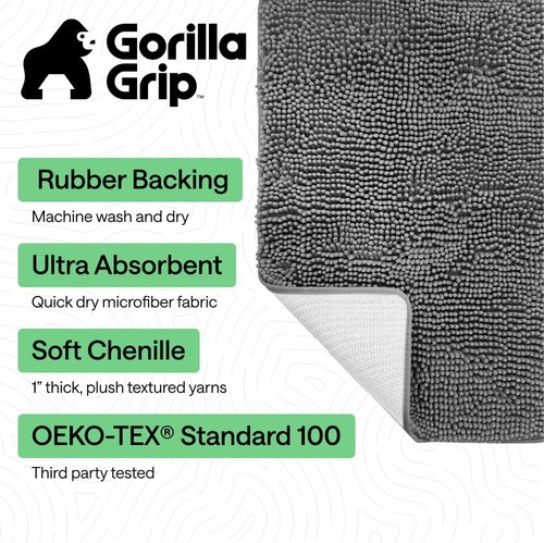 GORILLA GRIP Bath Rug Mat - Thick Soft Chenille Microfiber | Quick-Dry & Washable, 24x17, Grey