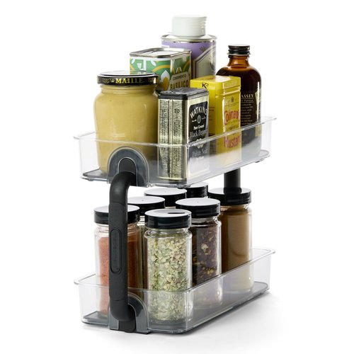 madesmart Tiered Spice Organizer, 8 Jars for Kitchen Essentials, Vertical Storage for Salt, Pepper, Cayenne, Soft-Grip Lining, Dual Handles, Smoke