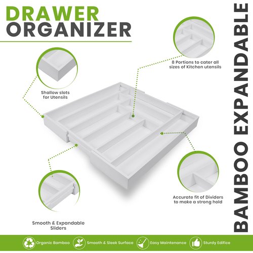 Utopia Kitchen Expandable Drawer Organizer, Adjustable Kitchen Drawer Organizer, Bamboo Drawer Dividers Organizer for Kitchen, Silverware, Flatware, Living Room (6-8 Slots, White) Pack of 1