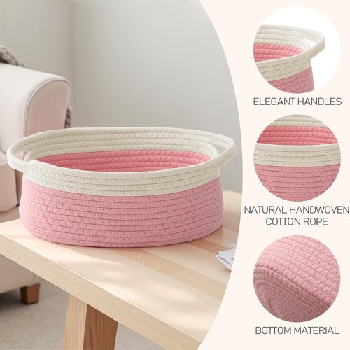 JMvicyroam Woven Basket - Small Rope Storage Bin with Handles & Ribbon | 2-Pack White & Pink Gift Organizer for Shelves and Closets
