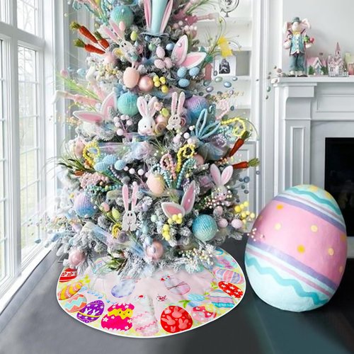 Sozize 36 Inch Easter Tree Skirt Mardi Gras Tree Skirt Double Sided Mat with Masquerade Mask Feather Easter Bunny Eggs Pattern Christmas Tree Skirt for Holiday Decoration