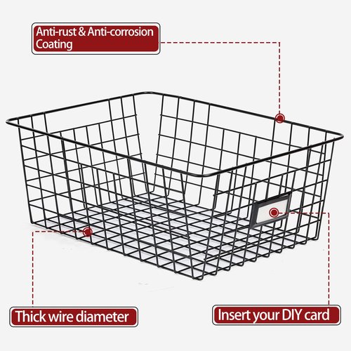 8 Set, Extra Large Wire Baskets for Organizing with Lables, Cabinet Pantry Organization and Storage Bins - Metal Basket for Kitchen, Laundry, Garage, Fridge, Bathroom Countertop Organizer, Black