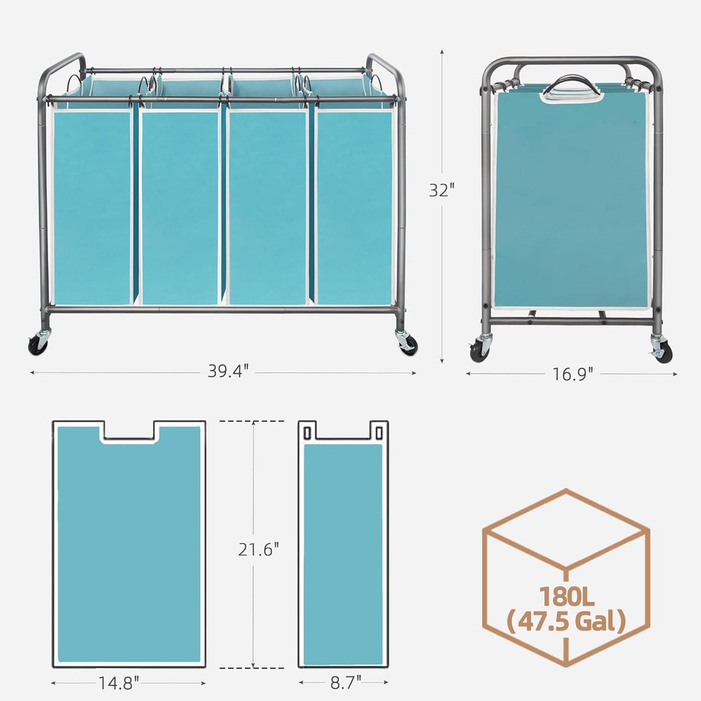 Storage Maniac Laundry Sorter - 4-Section Hamper Cart with Wheels & Removable Bags - 47.8 Gal, Blue