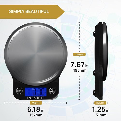 INEVIFIT Digital Kitchen Scale - Highly Accurate Multifunction Food Scale Up to 13 lbs | Sleek Black & Stainless Steel Finish