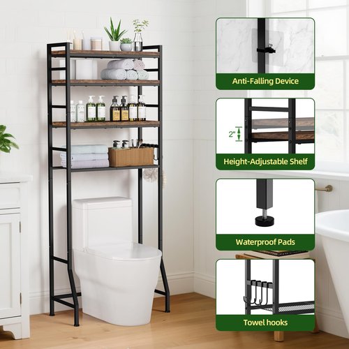 Over The Toilet Storage Rack,4-Tier Over Toilet Bathroom Organizer with Adjustable Wooden Shelves,Freestanding Space Saver Bathroom Cabinet Shelves Over Toilet,Over Toilet Storage, Vintage Brown