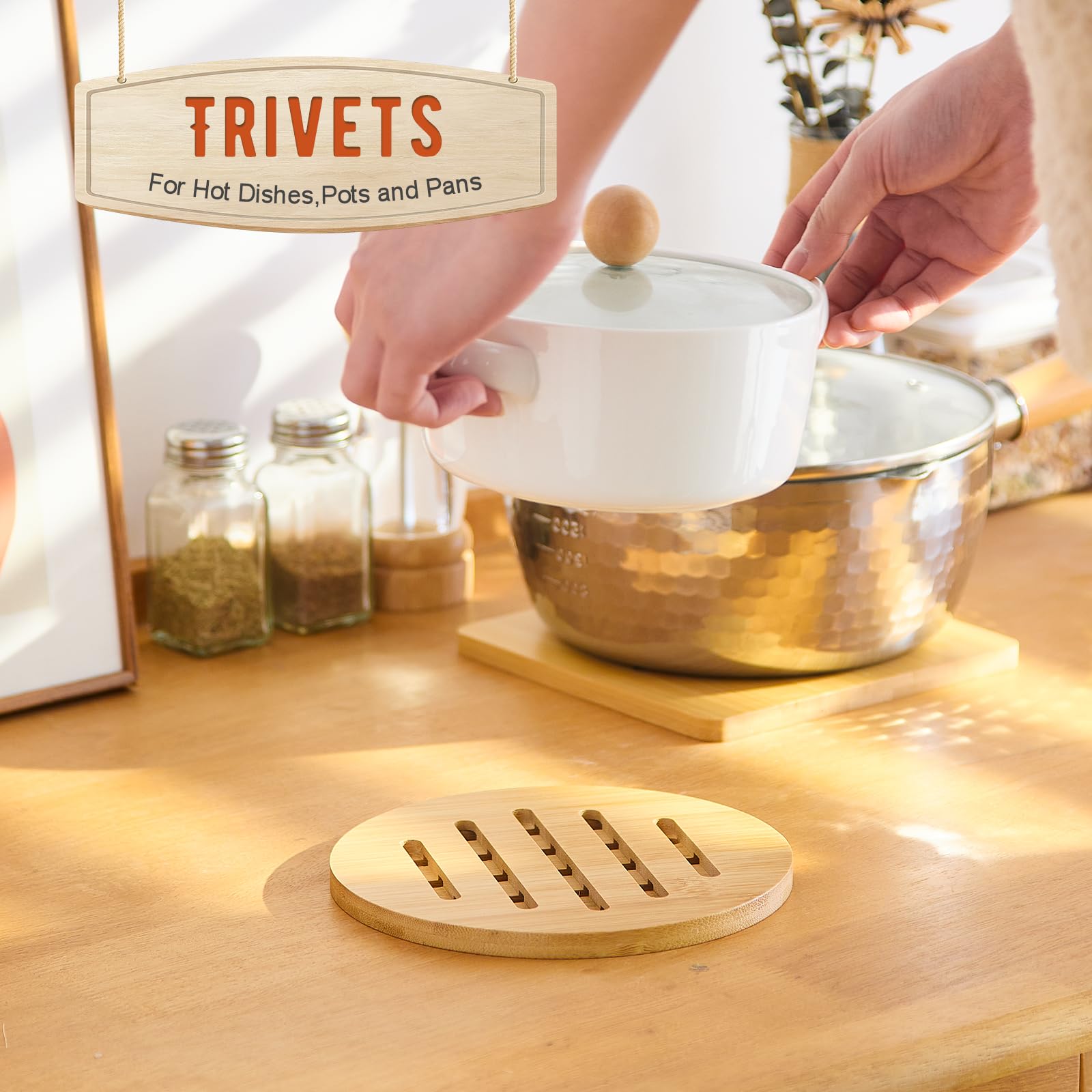 GHWIE Bamboo Trivet with Stand -Heat Resistant Pot Holders for Kitchen,Multi-Purpose Hot Pads,Hot Plate Mats,Large Stove Mat-Air Fryer Accessories and Trivets for Hot Dishes,8PCS