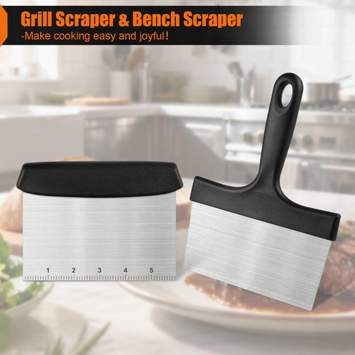 HANWRAPS Grill Scraper&Bench Scraper Set，Food Scraper with Handle for Blackstone, Flat Top Grill Cleaning，Premium Stainless Steel Dough Cutter with Measuring Scale for Pastry,Cake,Pizza,Bread,Cooking