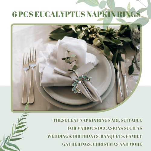 Domensi Eucalyptus Leaf Napkin Rings - Set of 6 Rustic Greenery Holders for Weddings & Dining (White Berries)