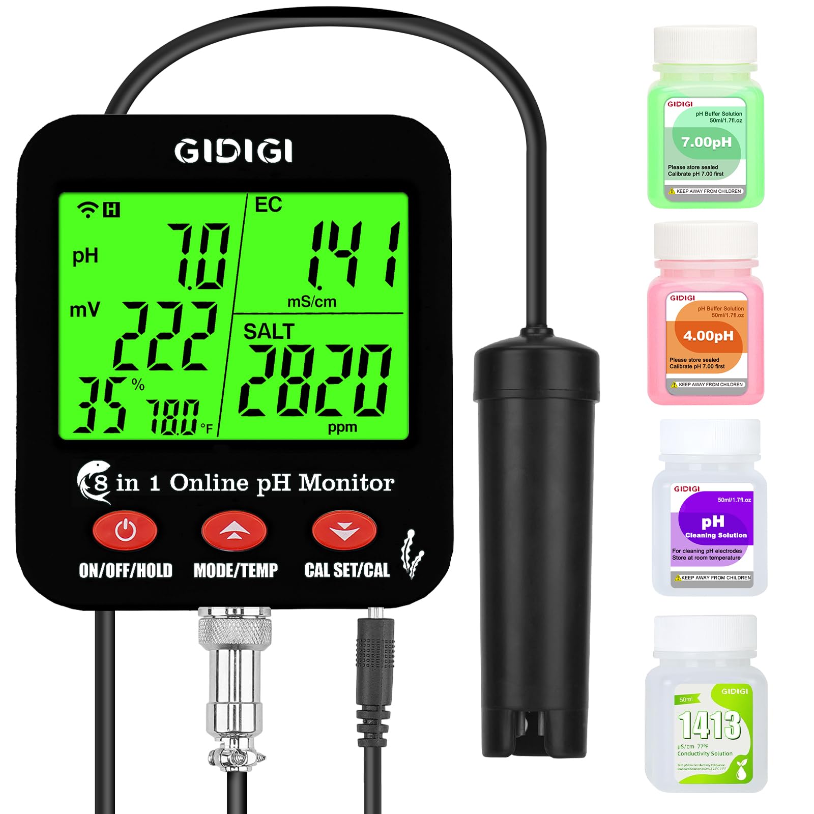 GIDIGI WiFi pH Salt Monitor Smart Water Quality Hydroponic pH EC Meter Digital pH TDS Salt EC Salt ORP Tester with Calibration Solution Kits for Fish Tank Salinity Tester for Saltwater Aquarium
