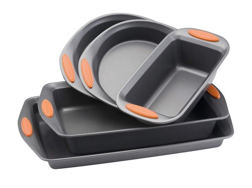 Rachael Ray 55673 Nonstick Bakeware Set with Grips includes Nonstick Bread Pan, Baking Pans and Cake Pans - 5 Piece, Gray with Orange Grips