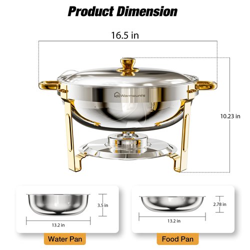 WARMOUNTS Round Chafing Dishes for Buffet 4 Pack, 5QT Gold Stainless Steel Chafers and Buffet Warmers Sets with Lid Holder, Rolled Rim Process, Stackable Design, for Catering, Parties, Weddings