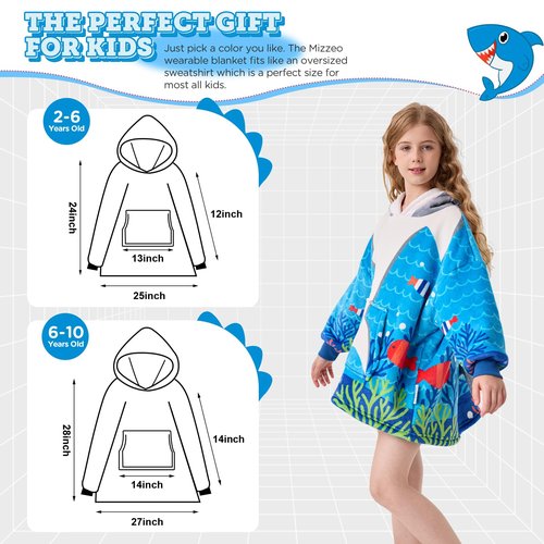MIZZEO Kids Wearable Blanket Hoodie, Oversized Sherpa Wearable Blanket with Hood Pocket and Sleeves for Toddlers, Cute Hoodies 2-6 Year Old Girls Youth Birthday Gifts (shark)