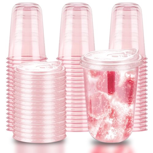 Xuelimei 16oz Disposable Stemless Glasses With Strawless Sip Lids,PET Disposable Drinking Cups,Clear Plastic Wine Glasses for Parties Birthday,Wedding,Meeting,Christmas Party Supplies (50, Pink)