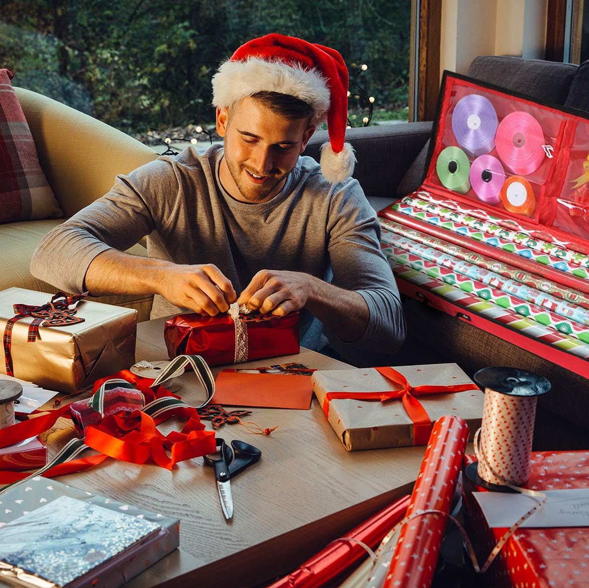 Primode Wrapping Paper Storage Container - Under Bed Gift Wrap Organizer for 30-Inch Rolls | 31”x13.5”x4.5” | Durable 600D Oxford Material with Pockets for Ribbons and Bows (Red)