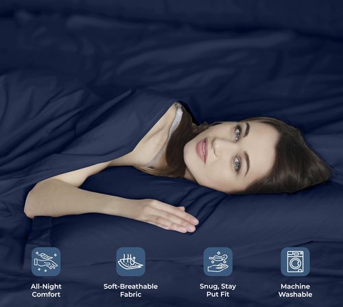 ROYALE LINENS 100% Organic Cotton Queen Sheet Set - Percale Weave - 4 Pieces Set - 1 Flat, 1 Deep Pocket Fitted Sheet and 2 Pillowcases - Navy Bed Sheets - Sábanas Queen - Crisp Cool (Navy)