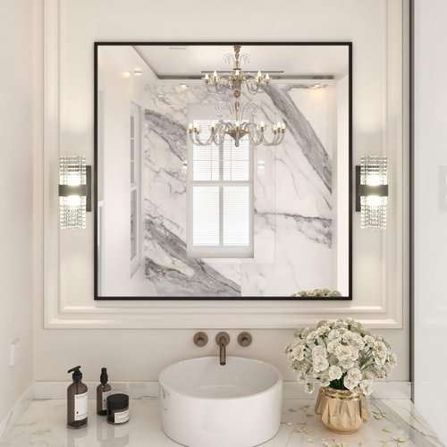LOAAO Black Rectangle Bathroom Mirror - 36"x36" Matte Black Aluminum Frame, Tempered Glass, Versatile Hanging Options