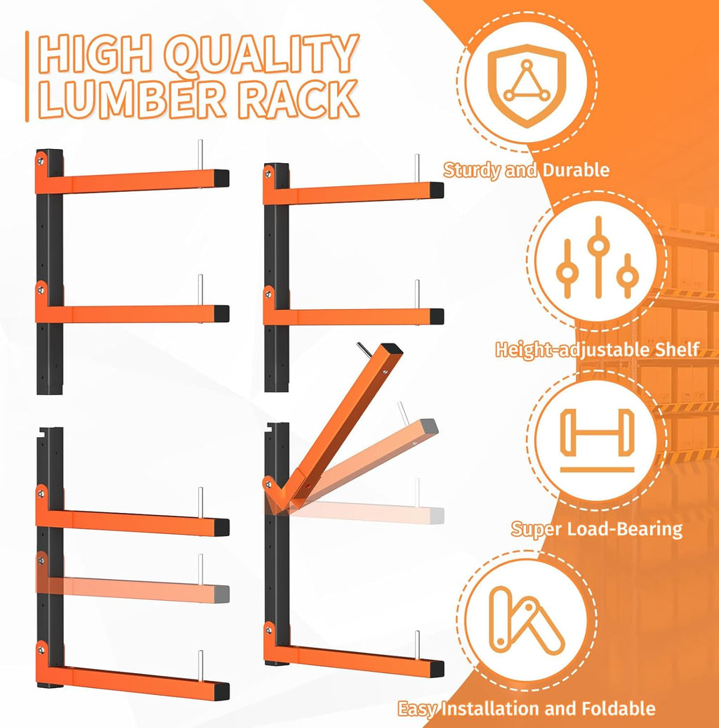 4 Pack Lumber Storage Rack - Heavy Duty Wall Mount Adjustable Wood Rack | Holds Up to 1040 Lbs