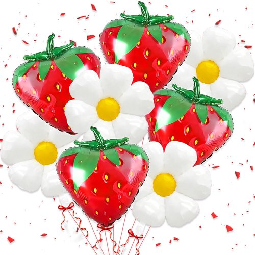 8 PCS Strawberry Balloons Daisy Balloons, Red Berry Foil Balloons for Strawberry Themed Birthday Party Decorations Berry First Birthday Decorations
