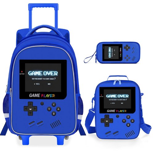 ZHIMEBYE Kids Rolling Backpack for Boys - 3PCS Gamer Boys Rolling Backpack with Lunch Bag Set, Elementary Middle School Roller Bookbag with Adjustable Handle for Travel & School