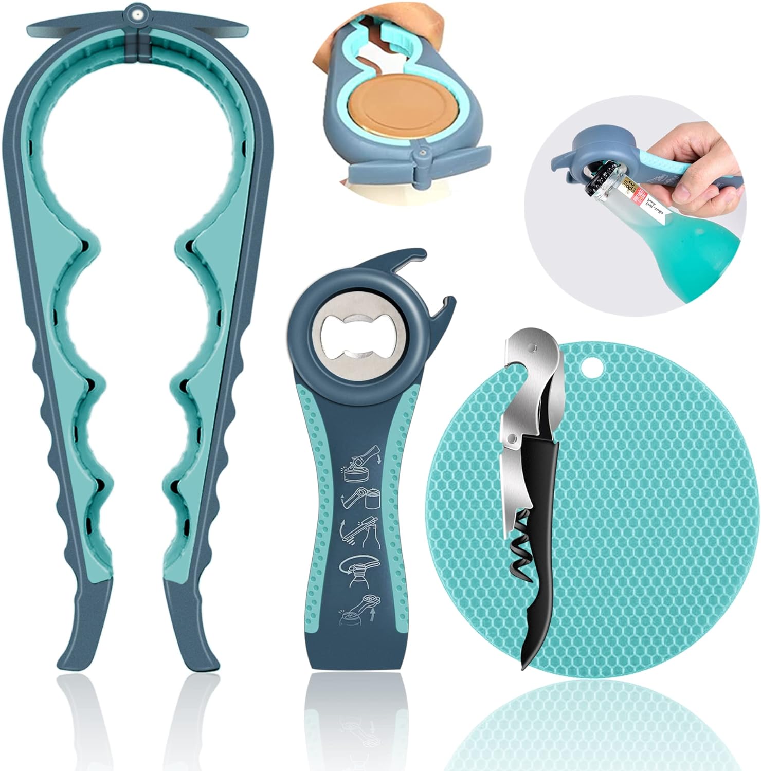Skiennix Jar Opener - 5-in-1 Multi-Function Tool for Seniors & Arthritic Hands | Non-Slip Grip & Corkscrew (Blue)