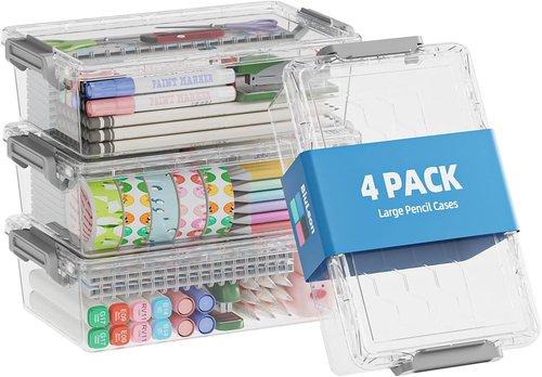 BiuLeon Extra Large Pencil Box - Clear Plastic Organizer for Crafts & Art Supplies | 4 Pack, Grey