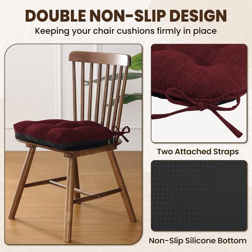 downluxe Indoor Chair Cushions for Dining Chairs, Tufted Overstuffed Textured Kitchen Chair Pads with Ties and Non-Slip Backing, 15.5" x 15.5" x 4", Burgundy, 4 Pack