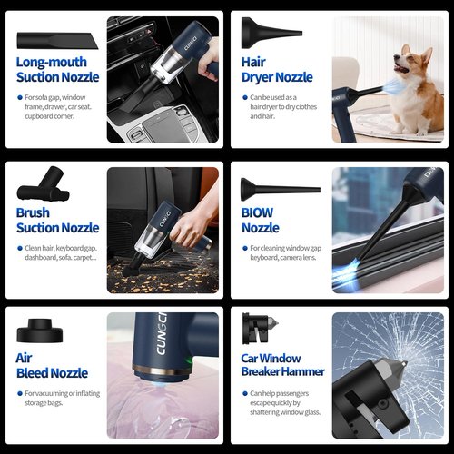 CungCi Car Vacuum Handheld Vacuum Portable Cordless, 18000Pa 5 in 1, 100W Brushless Motor, High Power Vacuum Cleaner with Window Breaker Hammer, LED Light, Multi-Nozzles for Car, Home, Pet, Office