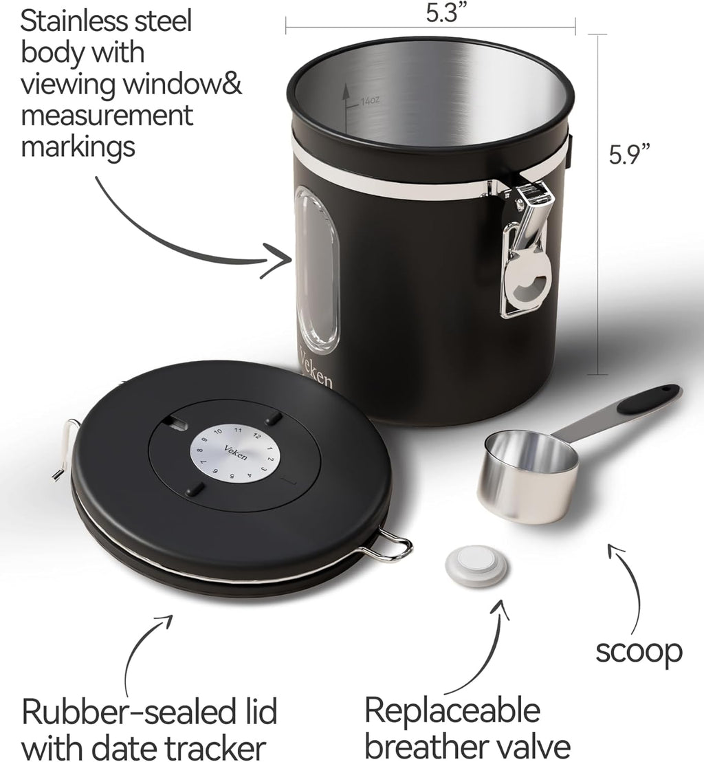 Veken Coffee Canister - Airtight Stainless Steel Food Storage Container with Window & Date Tracker | 16oz Black