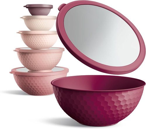 COOK WITH COLOR Mixing Bowls Set - 12-Piece Plastic Nesting Bowls with Lids, Microwave Safe, Rose Embossed