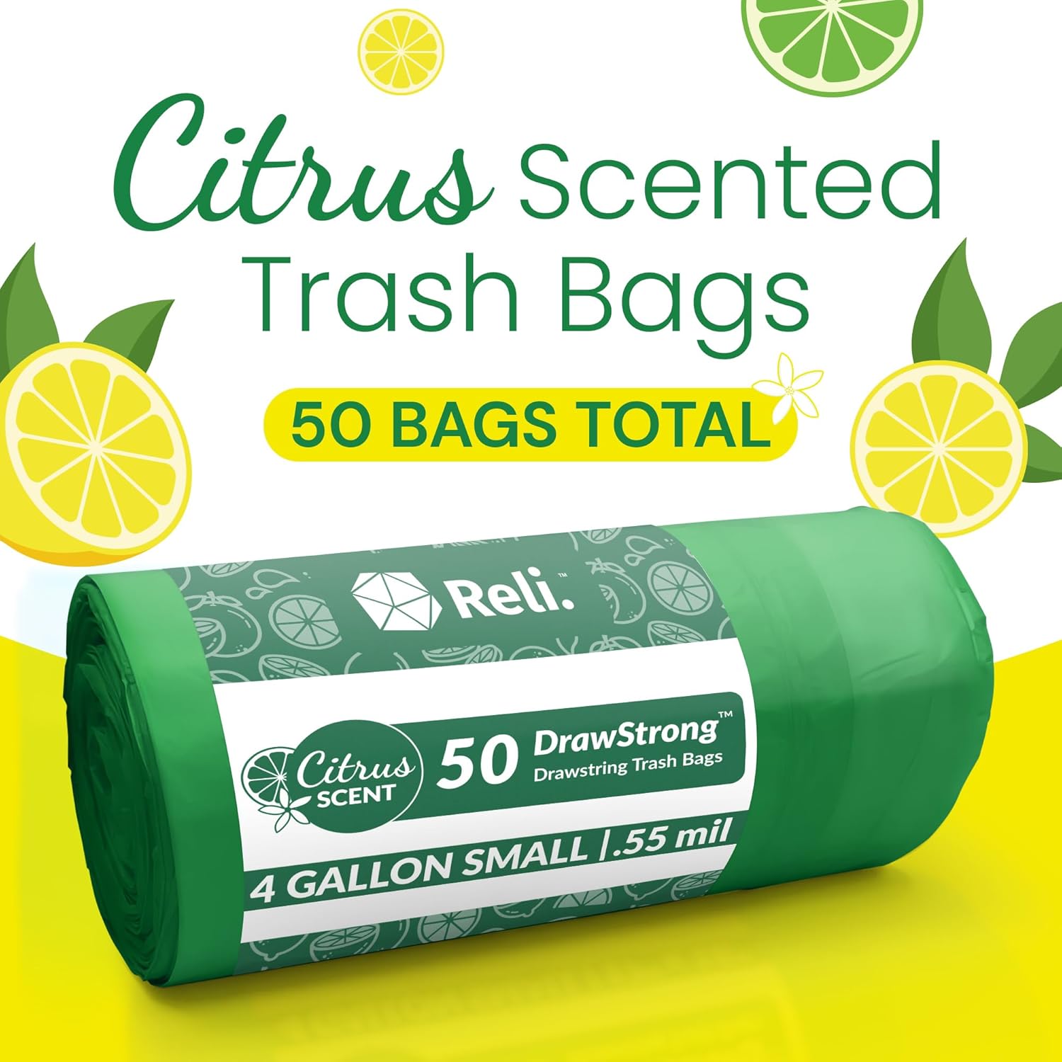 Reli. 4 Gallon Trash Bags - Citrus Scented Drawstring Garbage Liners | 50 Count for Small Cans