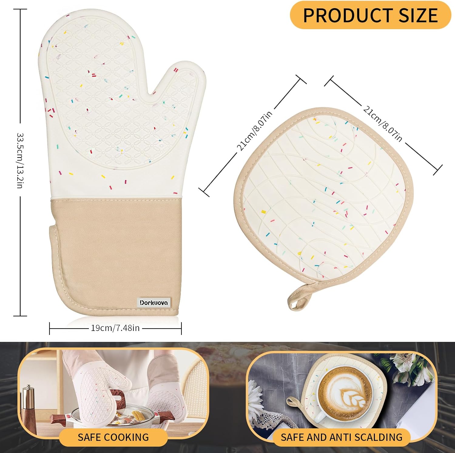 Skiennix Oven Mitts - Cute & Heat Resistant Up to 500°F - Washable Silicone Cooking Gloves (Cream)
