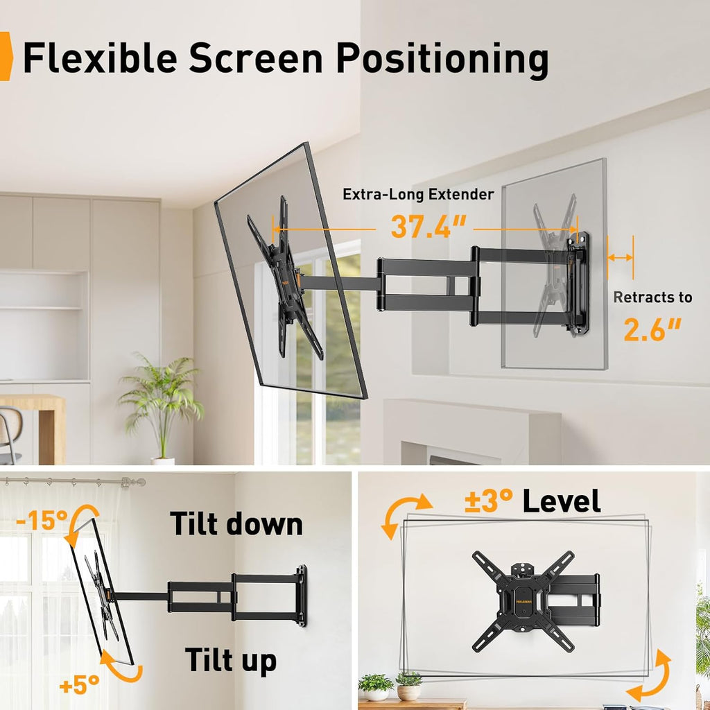 Perlegear Long Arm TV Wall Mount - Full Motion Bracket for 32-65" TVs | 37.4" Extension, Max VESA 400x400mm, Holds 110 lbs