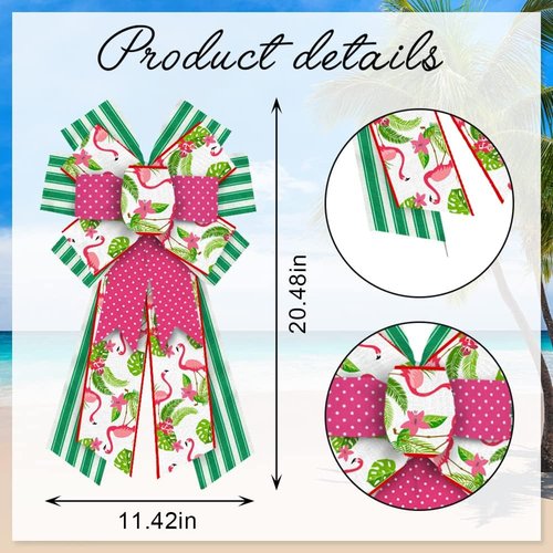 Hying Large Summer Wreath Bows - Green Stripes & Pink Burlap Flamingo Design for Door Decor