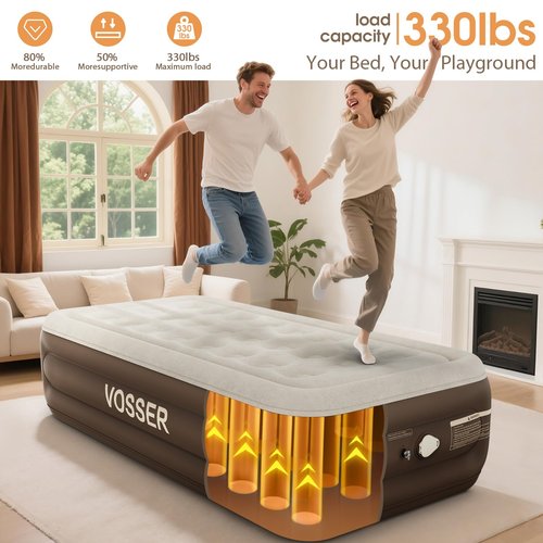 VOSSER Twin Size Airbed with Detachable Rechargeable Pump - for Camping & Home Use, Portable Design, Supports up to 330 lbs MAX