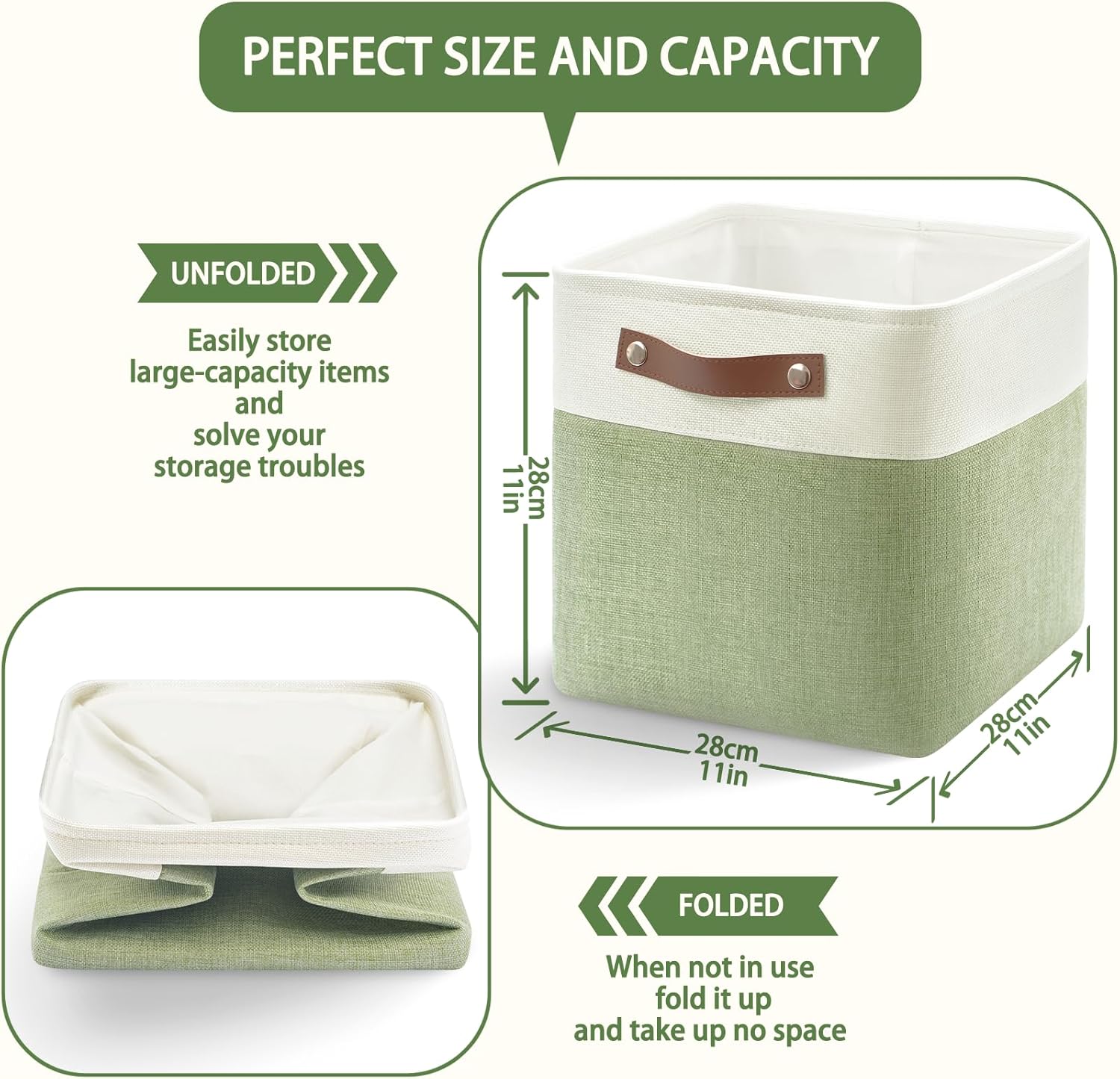Patvingot Foldable Fabric Storage Cubes - Sturdy 11x11 Inch Organizer Bins with Leather Handles | White/Green 6-Pack