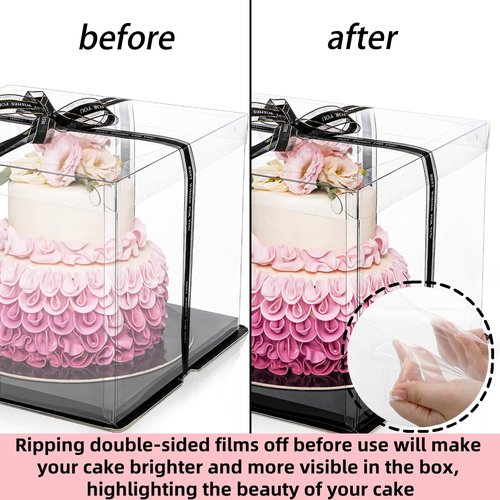 Cididu 6 Pack Clear Cake Box with Ribbon, 2-Layer Tall Cake Carrier Box, Packaging Boxes 10x10x9 Inch, PET Clear Gift Box with Lid, Transparent Cake Containers for Christmas Birthday Party Wedding