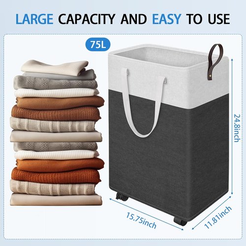 HomeHacks 75L Waterproof Rolling Laundry Hamper - Collapsible Basket with 4 Wheels for Easy Transport | Gray