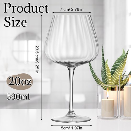 Acellegic Set of 6 Ribbed Wine Glasses, Stemmed Wine Glasses, Vintage Ribbed Glassware Sets for Red White, Champagne Sparkling Tasting, Cocktail, Anniversary, Dinner Party, Wedding(20 oz,Burgundy)
