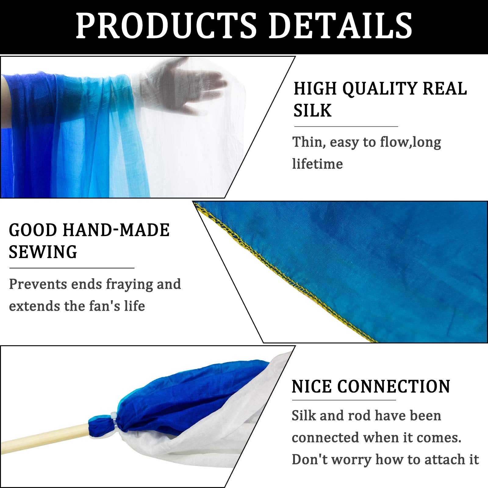KIKIGOAL 16.4FT Dance Streamer Gymnastics Dance Ribbons Belly Dance Real Silk Ribbon Throw Streamer with Rod for Talent Shows, Artistic Dancing, Baton Twirling, Church Praise etc (Gradual Blue)