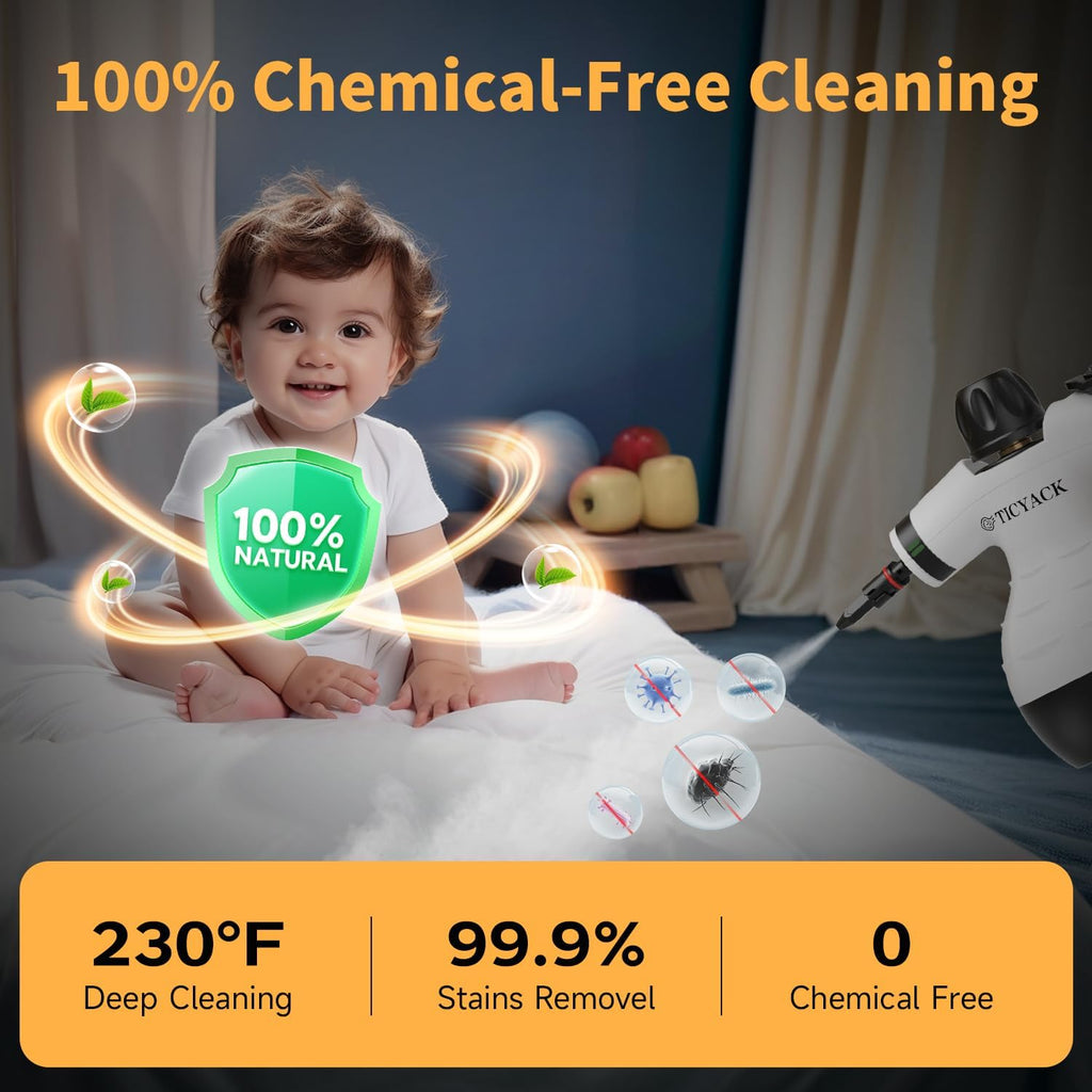 TICYACK Handheld Steam Cleaner - 16 PCS Accessories & Safety Lock for Multi-Surface Deep Cleaning | White/Black