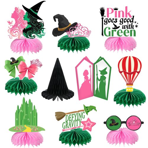 AMZFAVOR Witch Theme Party Decorations, 10 Pcs Pink and Green Honeycomb Centerpieces Decor Table Toppers for Movie Birthday Witch Party Decorations Supplies