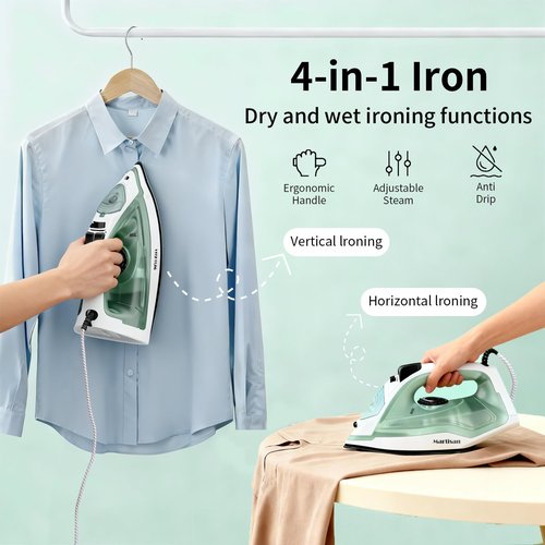 Martisan Powerful Steamer, New Version, Fits for Nearly All Fabrics, Anti-drip, Anti-calc, Self-cleaning, Fast Heating, Smooth Soleplate, Mini Iron, Strong Steam Burst, Green Steam Iron for Clothes