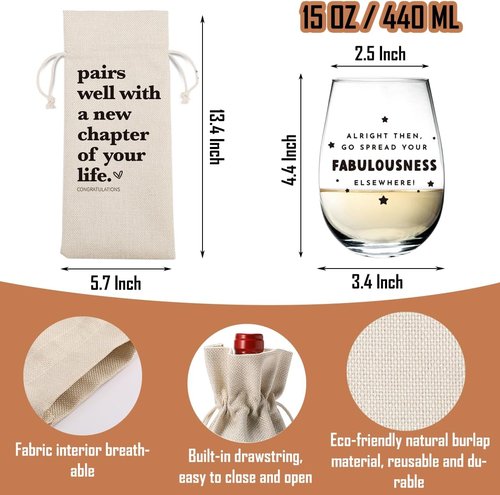 New Chapter Wine Bag Glass Set - Farewell & New Beginnings Gifts for Women & Men - Reusable Burlap & Glass - Modern Style - 5.6'' x 12.9'' - Wine Glass Set